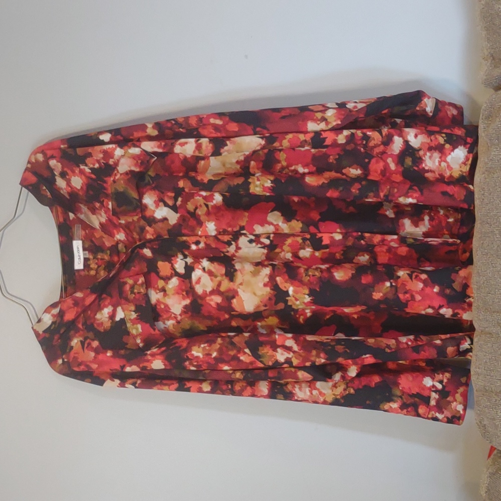 Calvin Klein red floral button down high low, women's size 2X